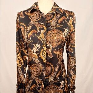 Made in Italy Baroque Leopard Chain Print Button Blouse